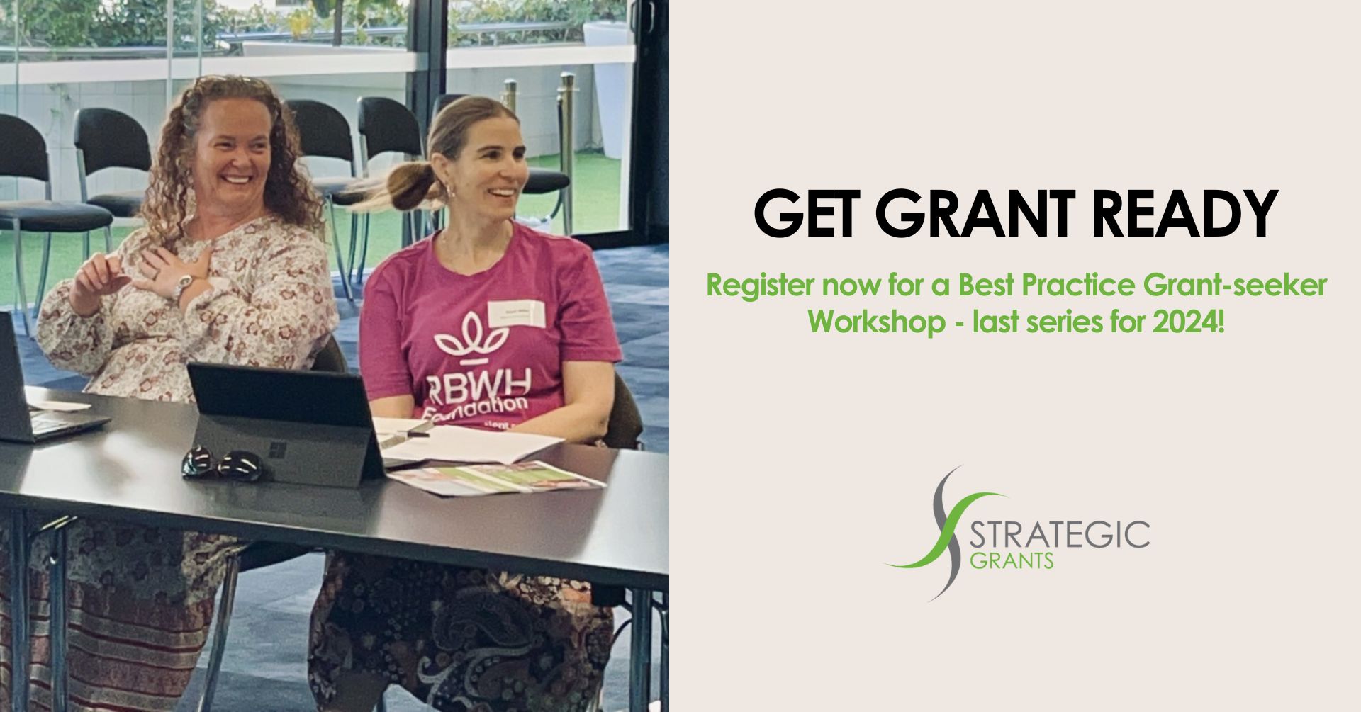 Two women smiling looking off in the distance. Strategic Grants grant-seeker workshops.